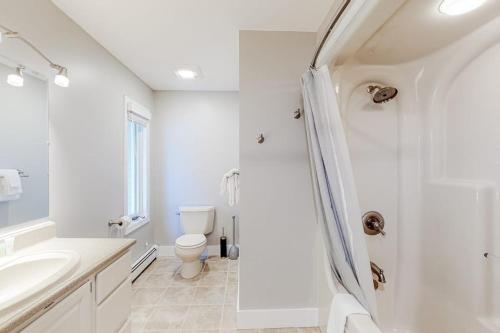 a white bathroom with a toilet and a shower at Campton White Mountains Retreat in Campton