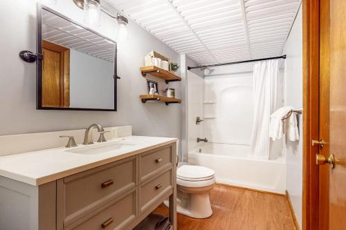 a bathroom with a sink and a toilet and a mirror at Mountain Oasis in Bartlett