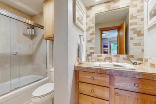 a bathroom with a sink and a shower and a toilet at Trail & Tee Retreat in Sun Valley