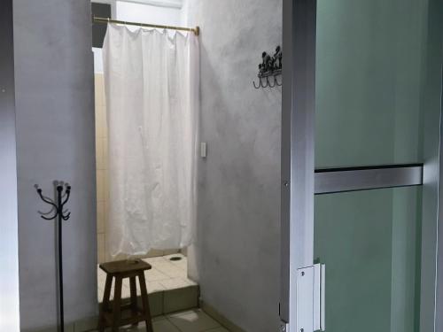 a bathroom with a shower curtain and a stool at Casa Tonatih in Mexico City