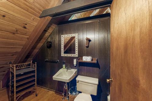 a bathroom with a toilet and a sink at Cabin on Long Pond in Cornish