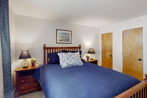 a bedroom with a blue bed with two lamps and a door at Mountainside 20 in Warren