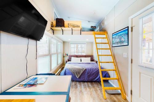 a bedroom with a bunk bed and a yellow ladder at Tiny Homes on Pleasant in Ludlow