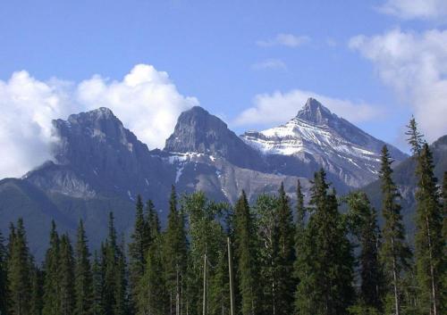 a snow covered mountain with trees in front of it at Canadian Rockies Chalets by Trilink - 2 & 3 Bedroom Condos - Self Check-In - Walking Distance to Downtown - Free Parking - Pet-Friendly - No AC in Canmore