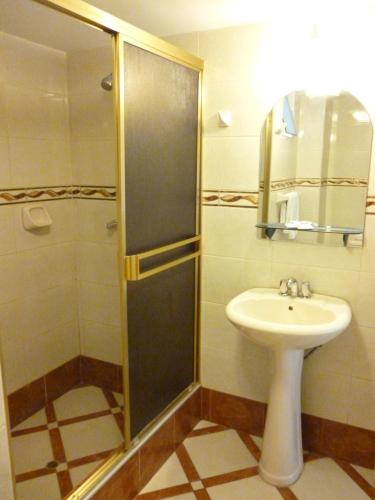 y baño con ducha y lavamanos. en Hotel Faraon, en Tacna