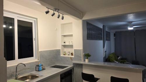 a kitchen with a sink and a window at Villa El Gato in Bouillante