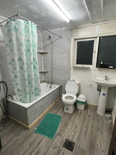 a bathroom with a tub and a toilet and a sink at Habitación Hostal Refugio Gaucho in Cochrane