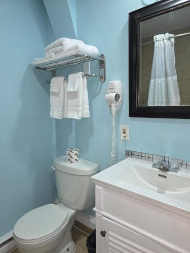 a blue bathroom with a toilet and a sink at Lakeview Motel & Cottage in Kincardine