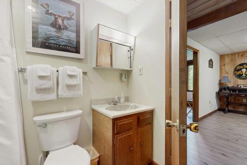 a bathroom with a white toilet and a sink at Sleepless in Snowood in Thornton