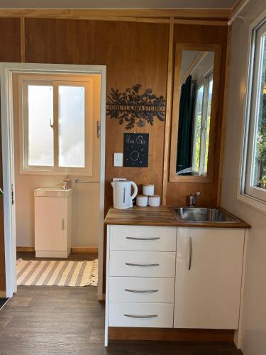 a kitchen with a sink and a window at Pōhutukawa Studio in Tauranga