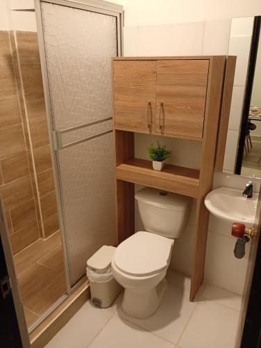 a bathroom with a toilet and a shower and a sink at BHB - ApartaHotel in Leticia