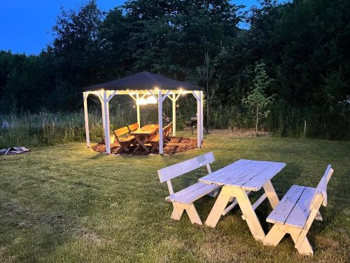 two picnic tables and a gazebo in a field at Prosinko 25 in Prosinko