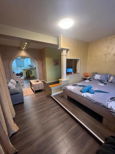 a bedroom with a large bed and a living room at Apartment Slađana i Luna in Subotica