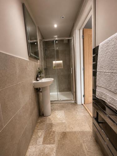 a bathroom with a sink and a shower at The Old Malthouse Caerleon in Caerleon