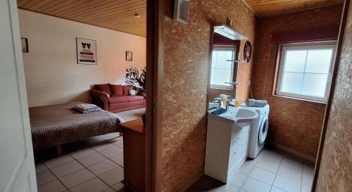a bathroom with a sink and a washing machine at Chez Chou-Vrac & Ciboulette in Durbuy