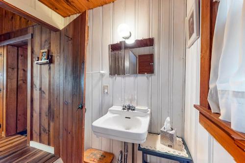 a bathroom with a white sink and a mirror at The Red Camp in Casco