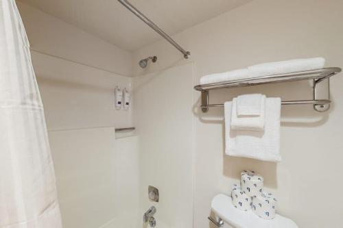 ein weißes Badezimmer mit Toilette und Dusche in der Unterkunft Bigfork Bliss in Bigfork