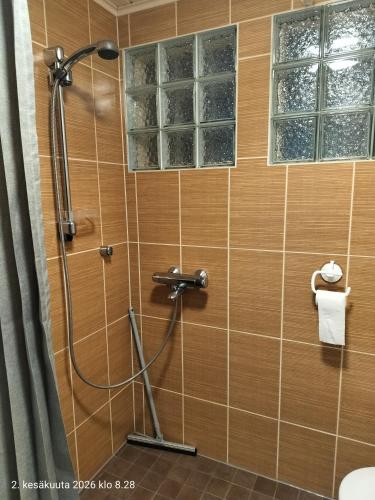 a shower in a tiled bathroom with two windows at Holisko in Ylläsjärvi