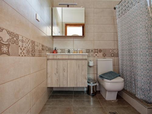 a bathroom with a toilet and a sink and a mirror at Rose Garden in Melíkia