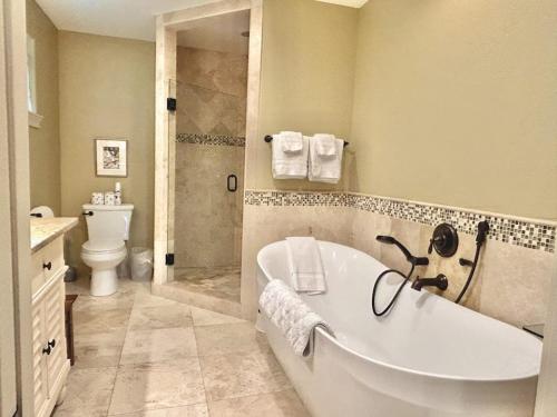 a bathroom with a tub and a shower and a toilet at Bigfork Lake Getaway in Bigfork