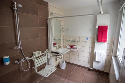 La salle de bains est pourvue d'une douche et d'un lavabo. dans l'établissement Akademiehotel Jena, à Iéna