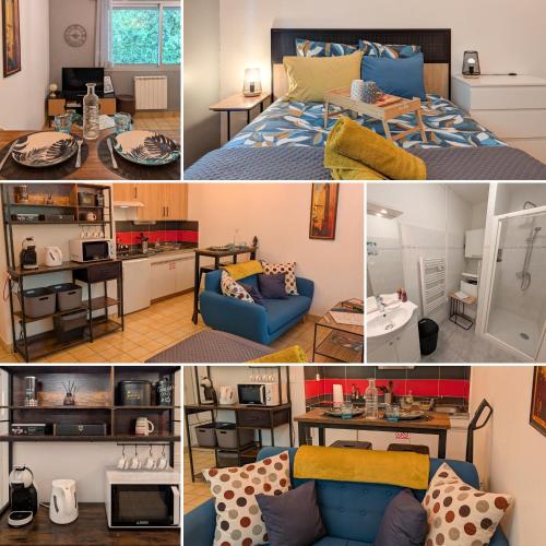 a collage of photos of a bedroom and a living room at L'Aiglon Studio cocon au coeur de Gap in Gap