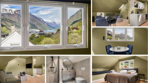 a collage of pictures of a room with a window at Trolltunga Stay - Mountain & Waterfall View in Odda