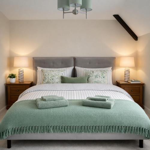 a bedroom with a large bed with two green pillows at Coach House Hideaway in Warminster