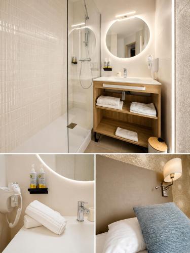 a bathroom with a shower and a sink and a mirror at Hôtel National in Lourdes