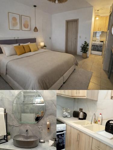 a kitchen and a bedroom with a bed and a sink at Rodon Apartments in Tsoukalades