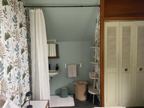 a bathroom with a shower curtain and a sink at Chambre à louer face a la plage de Beaumer in Carnac