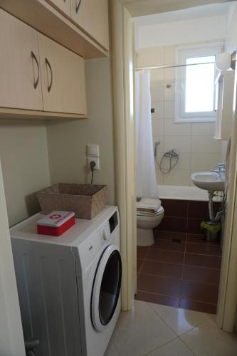 a bathroom with a washing machine and a toilet at Anelia in Nea Artaki