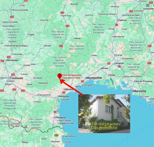 a map with a red marker on it at Villa Les Martinets-Chambres Climatisées-Parking Privé-Piscine-Jacuzzi-Brise Fraîche de la Montagne in Le Poujol-sur-Orb