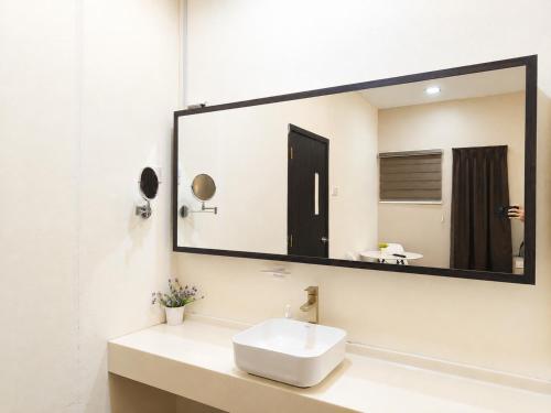 a bathroom with a sink and a large mirror at Windsor Lane Hostel Ipoh in Ipoh