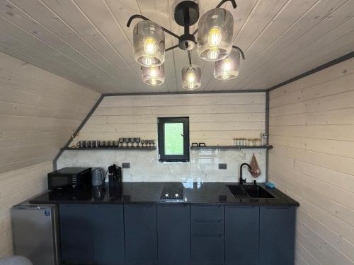 a kitchen with a sink and a ceiling at А-фрейм У Ґазди in Synevyrsʼka Polyana