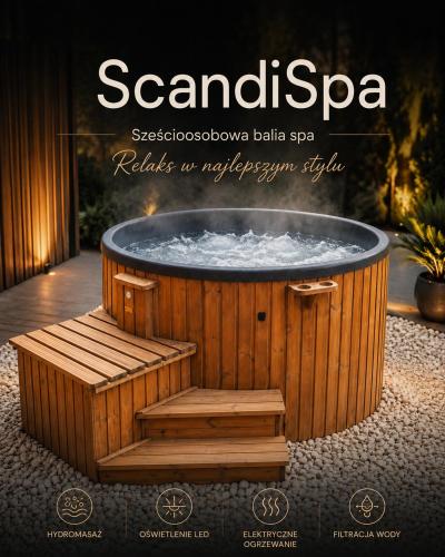 a magazine advertisement for a spa with a wooden tub at Domek z Balią Jacuzzi Escape Kołobrzeg in Charzyno