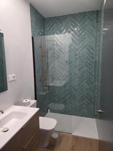 a bathroom with a shower and a toilet and a sink at Pasaje Plaza Apartamento in Alcazar de San Juan
