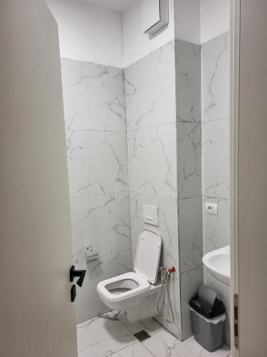 a white bathroom with a toilet and a sink at Erna Apartment in Golem