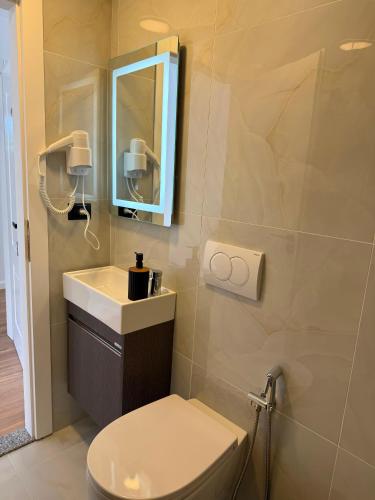 a bathroom with a toilet and a sink and a mirror at Guesthouse Kurora e Maleve in Ndërlysaj
