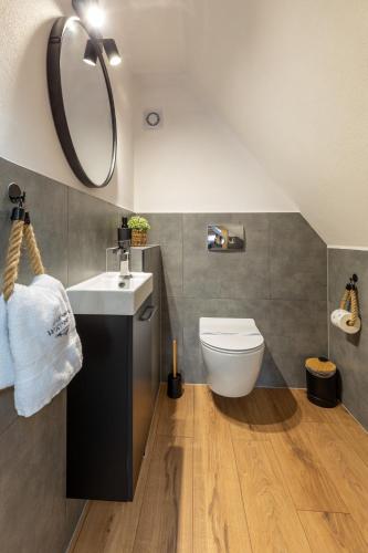 a bathroom with a toilet and a sink and a mirror at Apartamenty Wiktorówka in Poronin