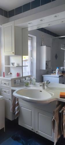 a white bathroom with a sink and a mirror at Elsternest in Neubrandenburg
