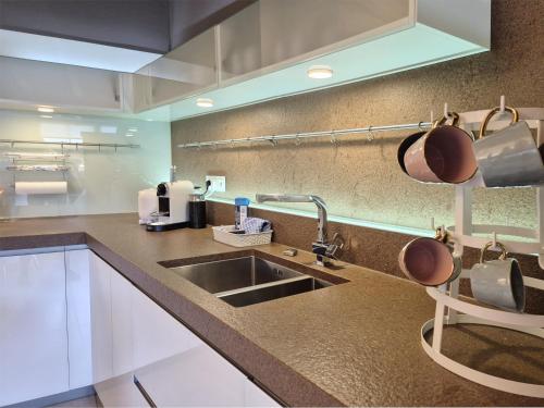 a kitchen with a sink and a counter top at Peak View Penthouse Kaprun in Kaprun