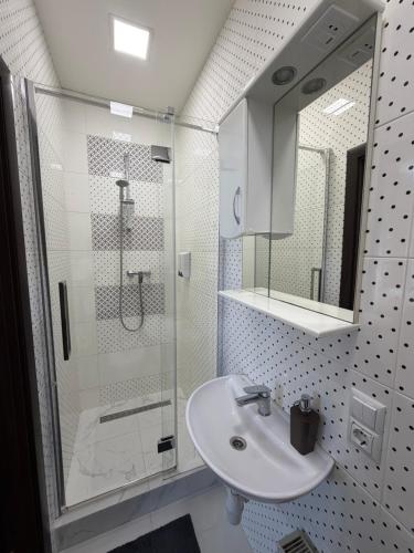 a bathroom with a glass shower and a sink at Apelsin apartment in Bila Tserkva