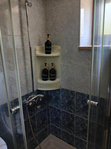 ein Badezimmer mit Dusche und zwei Flaschen auf einem Regal in der Unterkunft Spanos House in Goudhi