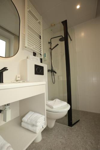 a bathroom with a shower and a toilet and a sink at Hôtel Des Trois Gares in Paris