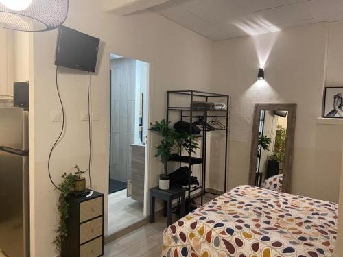 a bedroom with a bed and a room with a mirror at Studio refait à neuf Chez Linda in Zicavo