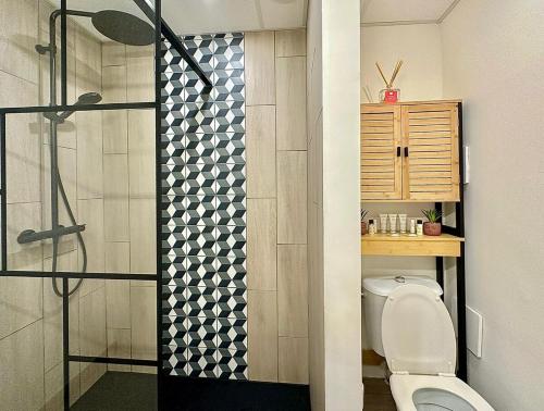 a bathroom with a shower with a toilet and a sink at Studio refait à neuf Chez Linda in Zicavo