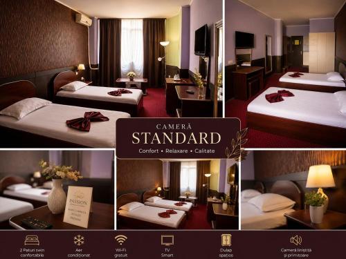 a collage of three pictures of a hotel room at Pensiunea Passion in Bucharest