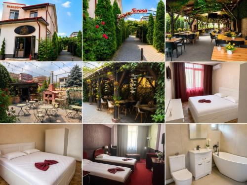 a collage of photos of a hotel with tables and chairs at Pensiunea Passion in Bucharest