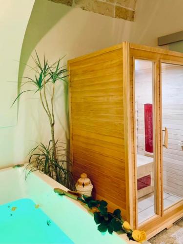 a teddy bear sitting in front of a bath tub at Amira 1899 Luxury Suite Private Spa Jacuzzi and Sauna in Galatina